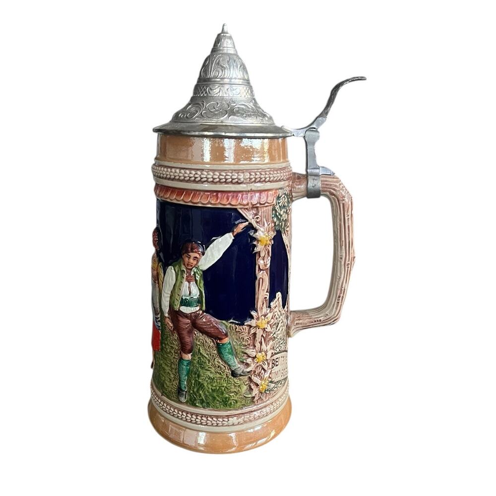 Vtg Gerz German Beer Stein Pewter Lid Tall Feast Celebration Oktoberfest 3 Liter